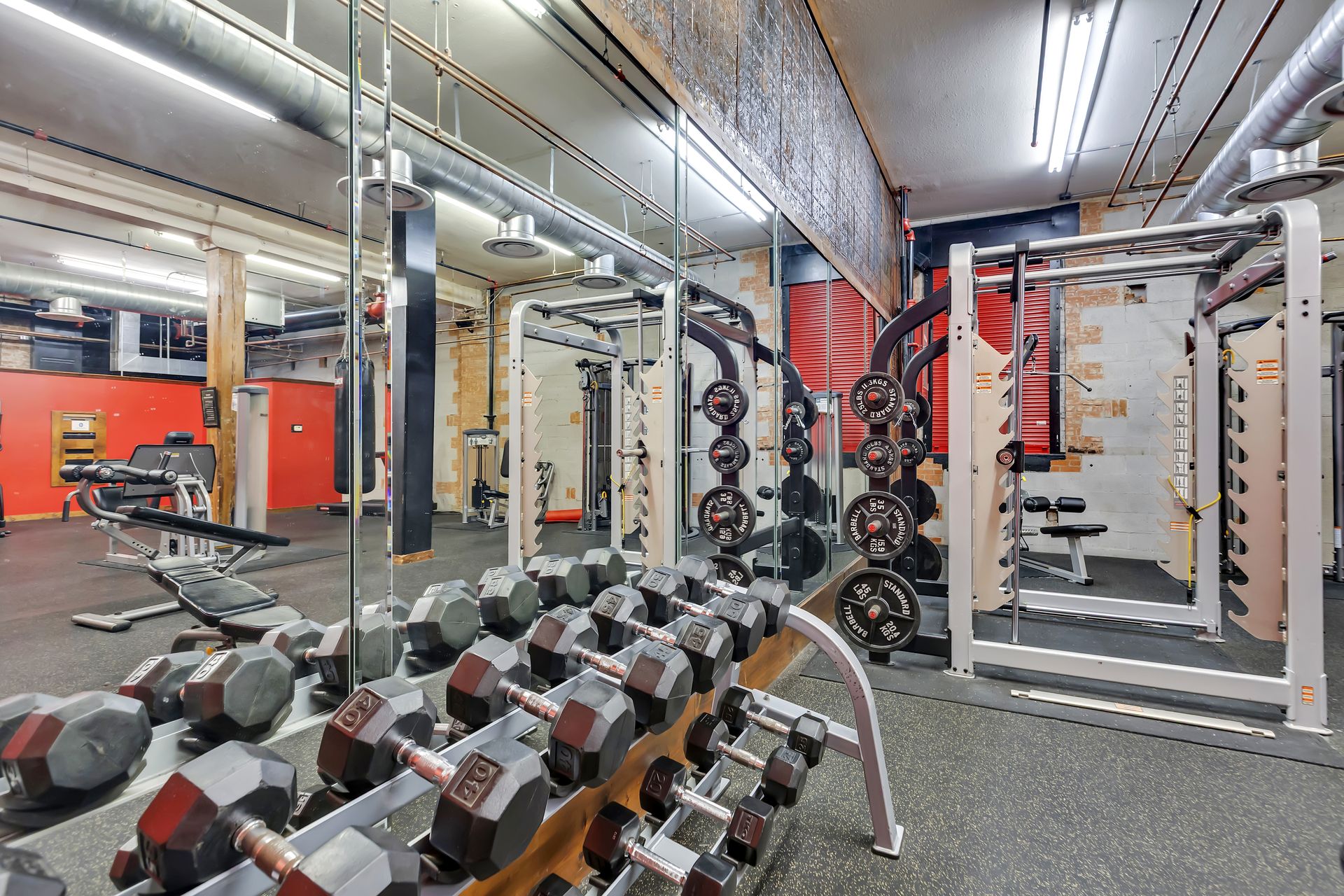 Dumbbell rack and cable machines in the 24-hour fitness center at 1900 Elm Lofts